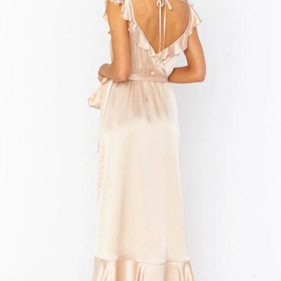 Show Me Your Mumu Samantha Ruffle Wrap Dress Champagne Luxe Satin XXS - Picture 3 of 4